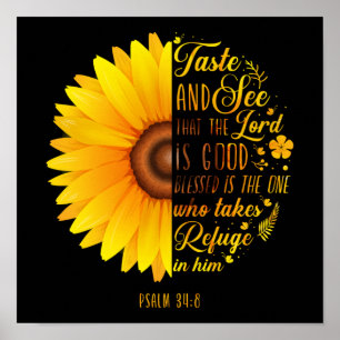 Christelijke Bijbel Verse Psalm 34:8 Zonnebloem Poster