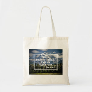 Christelijke Bijbelvers Hij is mijn Rots Berg Tote Bag