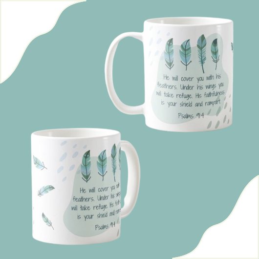 Christelijke Boho Feathers psalm 91:4 Blue Green Koffiemok
