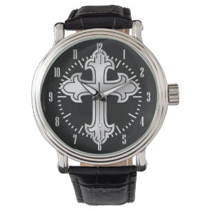 Christelijke Cross Fleury Silver op Black Horloge