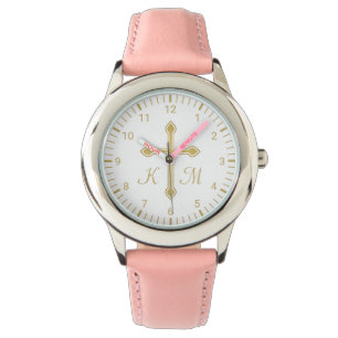 Christelijke Eenvoudig Goud Kruis op Witte Monogra Horloge