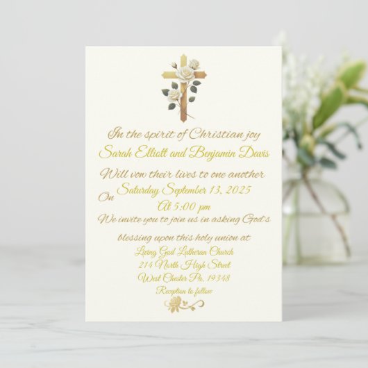 Christelijke gouden kruis en Rozen bruiloft uitnod Kaart (Staand voorkant)