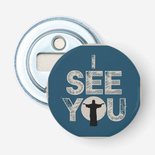 Christelijke Jezus kijkt naar je, Jezus zie je Button Flesopener