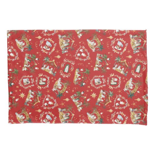 Christelijke Kerst Waterverf Geboorte Rood Kussensloop (Voorkant)