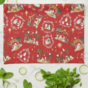 Christelijke Kerst Waterverf Geboorte Rood Theedoek
