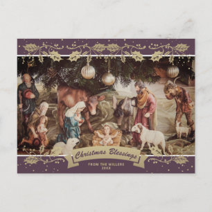 Christelijke kerstfoto Paarse nativiteitsscène Feestdagenkaart