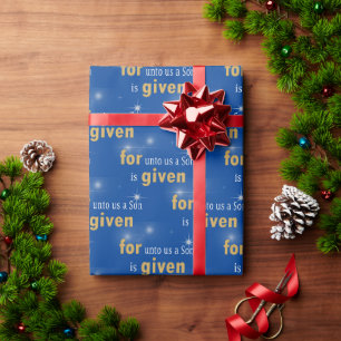 Christelijke kersttekst blauw cadeaupapier