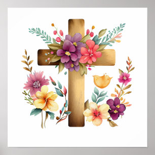 Christelijke Kruis & Waterverf Bloemen Poster