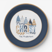 Christelijke Navy Blue Trees Naam Modern Christmas Papieren Bordje (Voorkant)