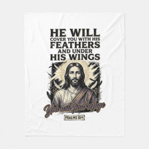 Christelijke Psalm 91_4 Jezus Vintage Gravure Shir Fleece Deken