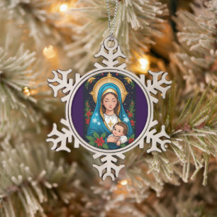 Christelijke Rooms-Katholieke Maagd Maria Kerst Tin Sneeuwvlok Ornament