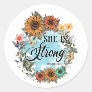 Christelijke Spreuken 31 Zij is Sterk Zonnebloemen Ronde Sticker