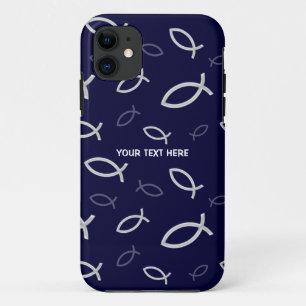 Christelijke vissymbolen op blauwe achtergrond iPhone 11 hoesje