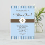 Christening Blue Stripe Uitnodiging - Jongen (Staand voorkant)