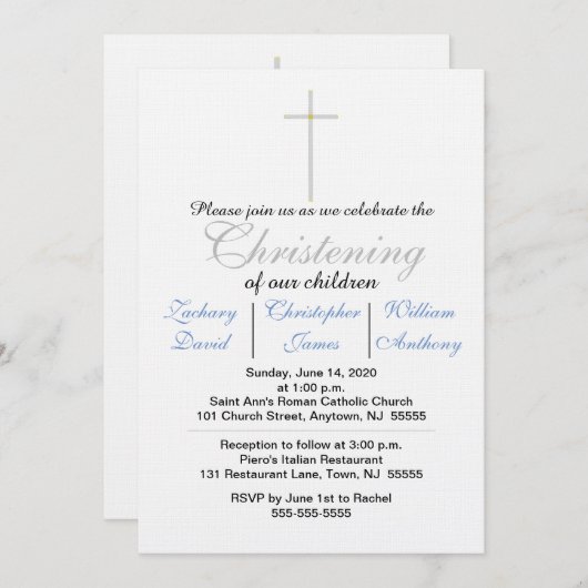 Christening Blue Triplets Invitations (Devant / Derrière)