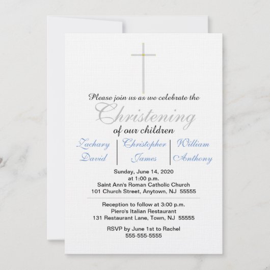 Christening Blue Triplets Uitnodigingen (Voorkant)