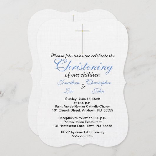 Christening Blue Twins Invitations (Devant / Derrière)