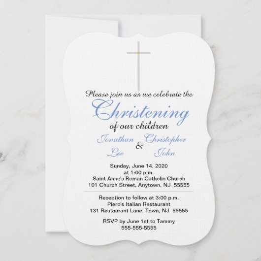 Christening Blue Twins Invitations (Devant)
