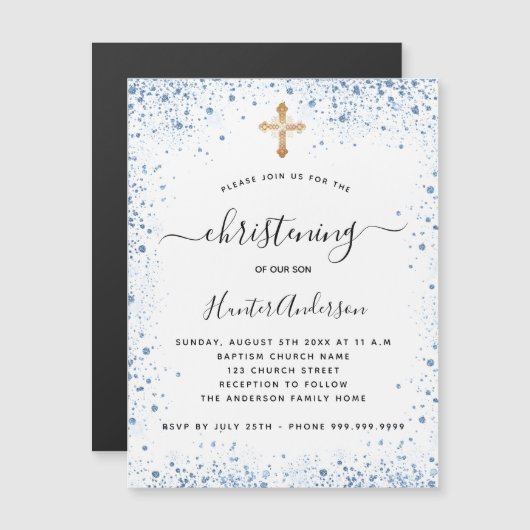 Christening boy bleu blanc or aimant invitation (Devant / Derrière)
