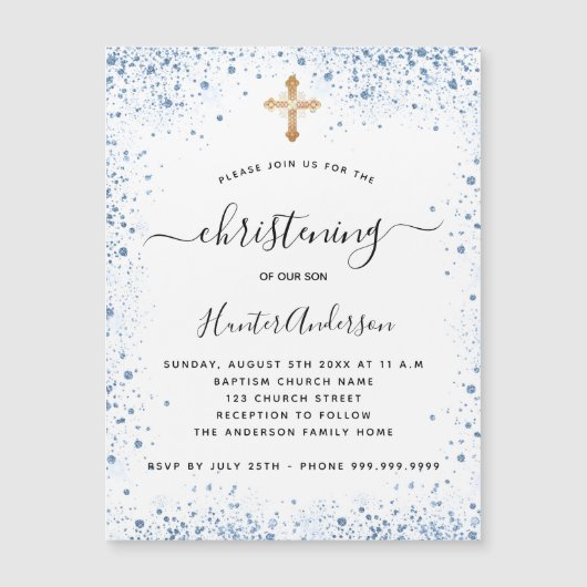Christening boy bleu blanc or aimant invitation (Devant)