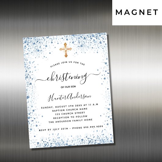 Christening boy bleu blanc or aimant invitation