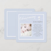 Christening Calligraphie Bleu Photo Invitation (Devant / Derrière)