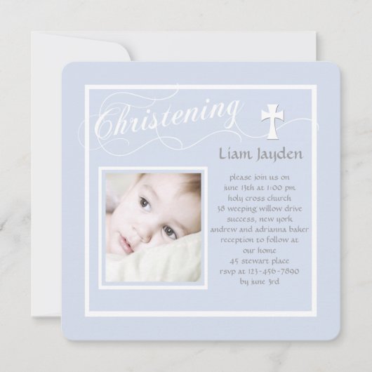 Christening Calligraphie Bleu Photo Invitation (Devant)