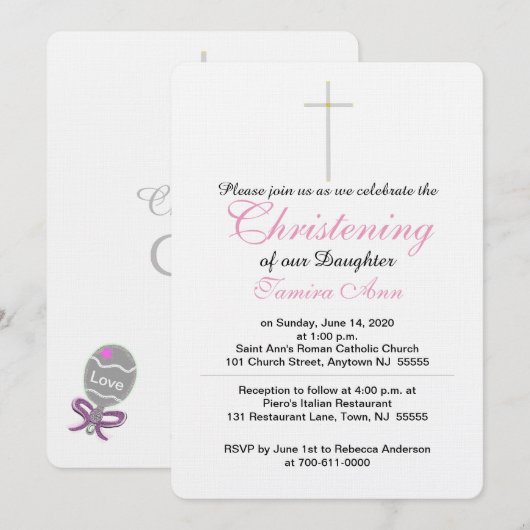 Christening Cross Pink Baby Rattle Invitations (Devant / Derrière)