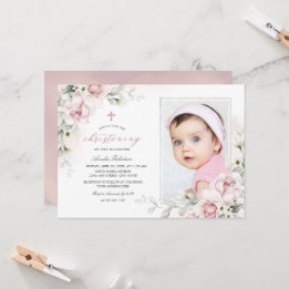Christening Girls Photo Pink Watercolor Invitation