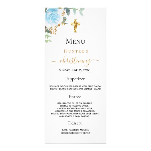 Christening Menu bleu clair garçon floral (Devant)
