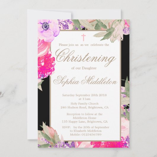 Christening of Baptism Floral Rozen Invitation Kaart (Voorkant)