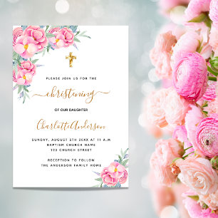 Christening roze floralen roos goudmeisje luxe kaart