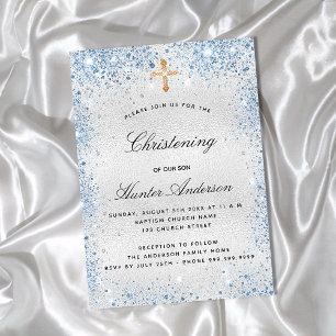 Christening Silver Blue Uitnodiging Briefkaart