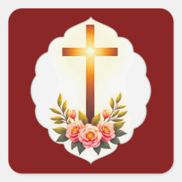 Christian Easter Cross with Flowers – Autocolante Vierkante Sticker