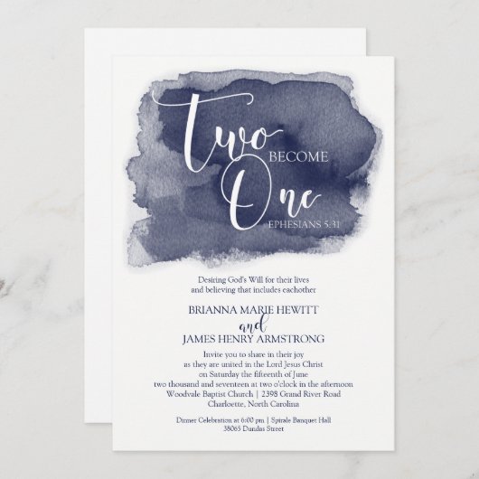 Christian Faire-part de mariage - Watercolor Navy (Devant / Derrière)