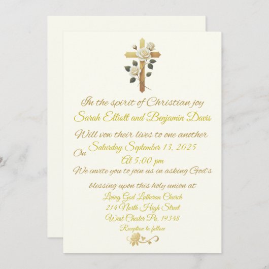 Christian Gold Cross et Faire-part de mariage Rose (Devant / Derrière)