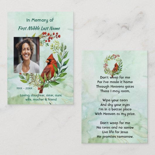 Christian Memorial keepsake Cardinal Bird Visitekaartje (Voorkant / Achterkant)