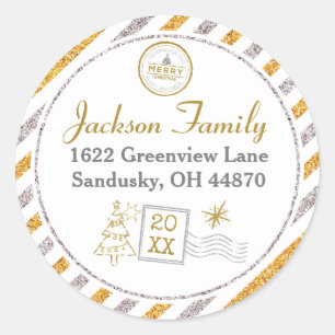 Christmas Air Mail Gold Glitter Adres Ronde Sticker