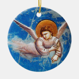 CHRISTMAS ANGEL IN BLUE SKY, FLORAL CROWN KERAMISCH ORNAMENT