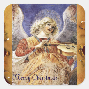 CHRISTMAS ANGEL MAKING MUSIC ANTIEK PARCHCHMENT VIERKANTE STICKER