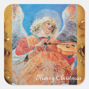 CHRISTMAS ANGEL MAKING MUSIC ANTIEK PARCHCHMENT VIERKANTE STICKER