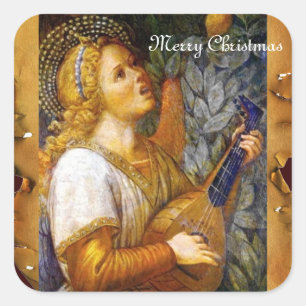 CHRISTMAS ANGEL MAKING MUSIC OUD PARCHMENT VIERKANTE STICKER