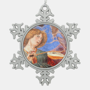 CHRISTMAS ANGEL MAKING MUSIC red, blue turquoise Tin Sneeuwvlok Ornament