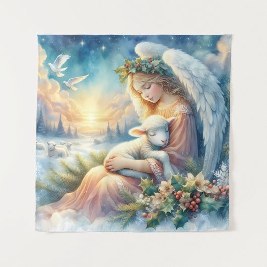 Christmas Angel with Lamb in Winter Peace Wandkleed (Voorkant)