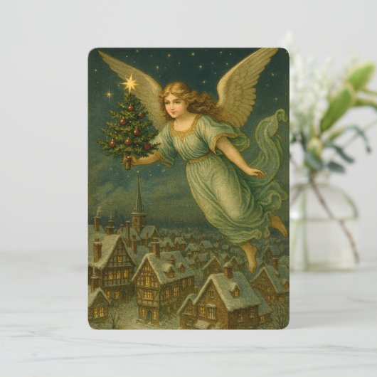 Christmas Angel With Tree Retro Victorian Era Feestdagenkaart (Staand voorkant)