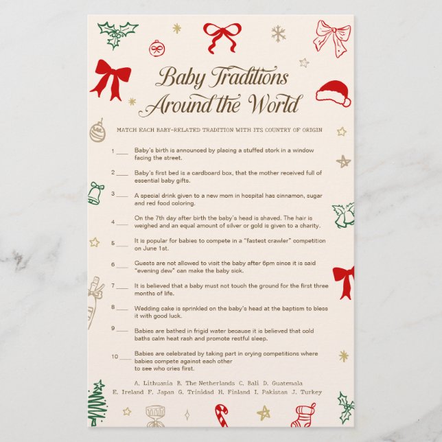 Christmas Baby Shower Baby Tradtions Game  (Voorkant)
