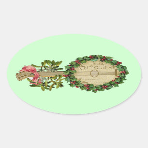 CHRISTMAS BANJO MET MISTLETOES EN HOLLY BERRIES OVALE STICKER