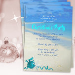 Christmas Beach Party Sable et invitation de mer<br><div class="desc">Invitation de fête maison de vacances sur le thème de la plage tropicale. Ciel bleu, océan bleu et sable de plage sont la toile de fond des lignes de texte personnalisé. Décoré avec un ornement arboré, ruban et une étoile de mer / étoile de mer. Couleurs tropicales d'aqua bleu et...</div>