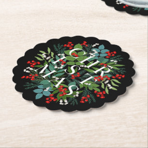 CHRISTMAS Berries Greenery Holiday Black Kartonnen Onderzetters