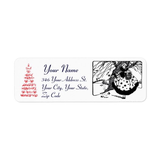 CHRISTMAS BIRDS TREE EN LADY Black White Red Etiket (Voorkant)